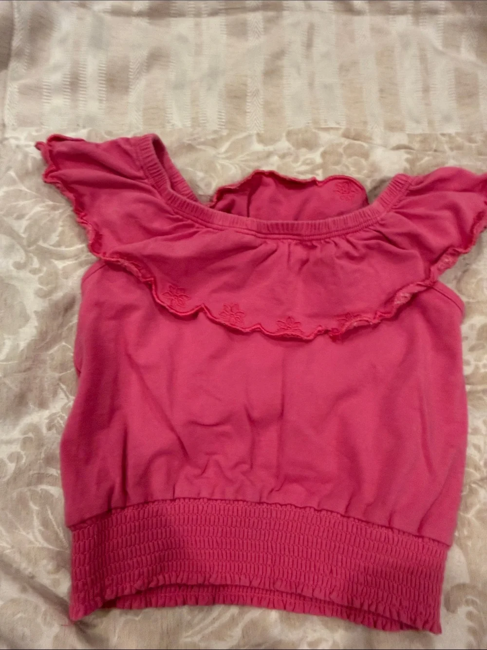Girls Hot Pink Ruffle Tank Top with Smocked Hem